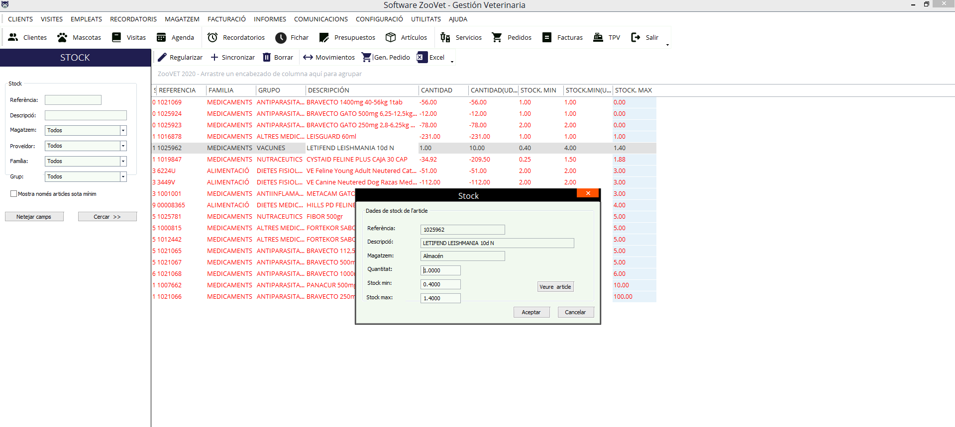 Pantalla de inventario de ZooVET para gestión de stock y almacenes