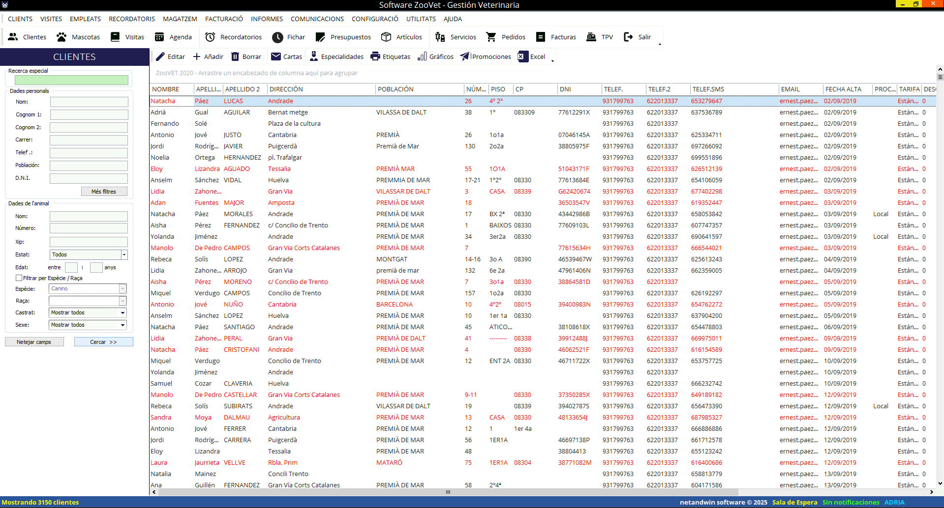 Listado de clientes en ZooVET con datos de contacto