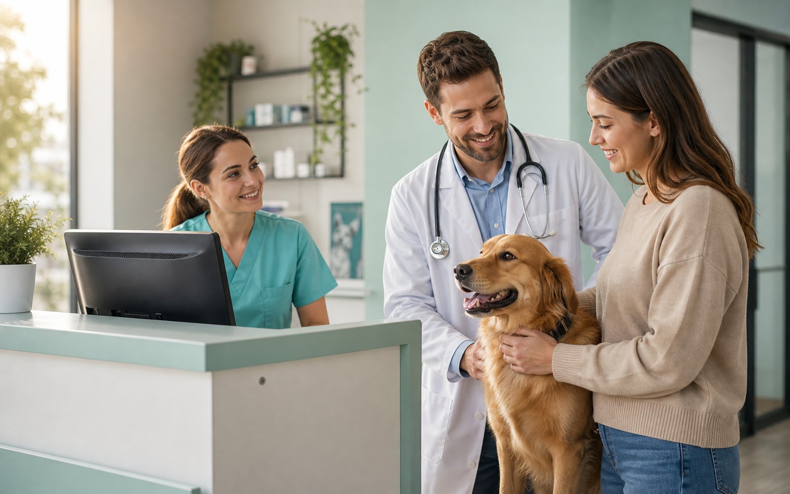 Consultor mostrando una demo de software veterinario en una reunión con responsables de clínica