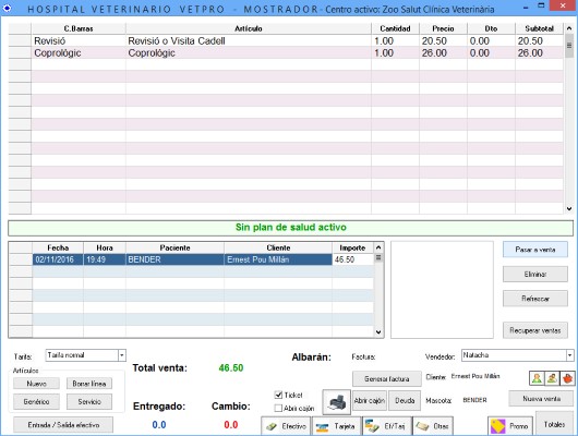 Pantalla de facturación veterinaria con ticket, factura, caja diaria y cobro por TPV